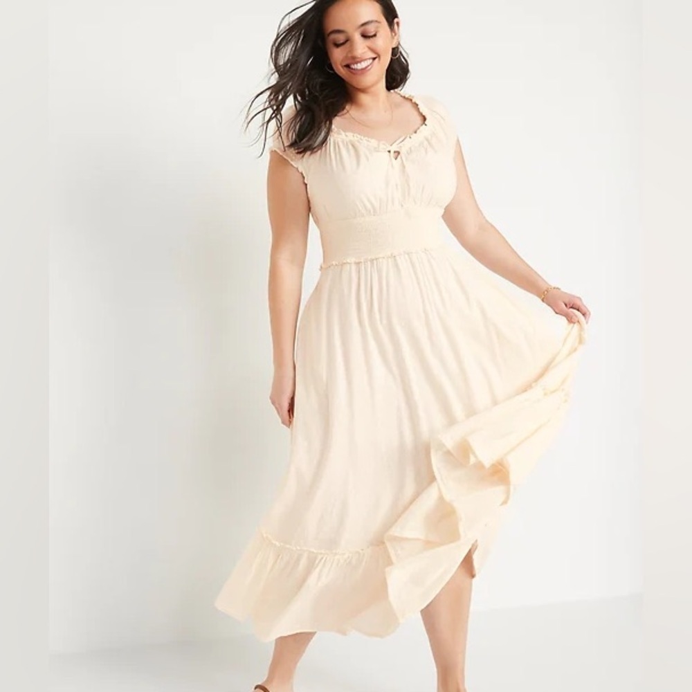 Old navy Cream Swiss Dot Smocked Midi Dress | Cottagecore Boho Ruffle Hem SP